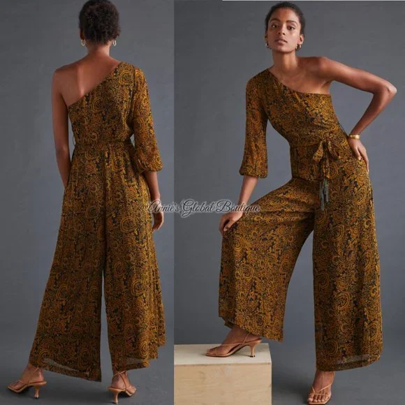 RARE NWT ANTHROPOLOGIE Ollari Paisley Tasseled One-Shoulder Jumpsuit. Size L - Picture 12 of 16